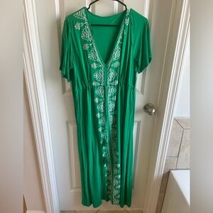 Green Embroidered V-Neck Women’s Dress